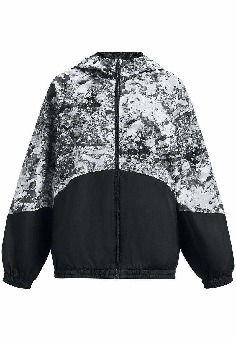 Veste à capuche noir et blanc avec un motif camouflage. Équipée de poignets élastiques et d'une fermeture éclair à l'avant. Fabriquée en matériau léger et résistant à l'eau.