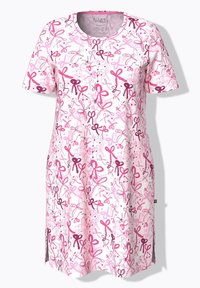 Lyhythihainen mekko vaaleanpunaisena, jossa on monivärisiä rusetti-kuvioita. Valmistettu pehmeästä kankaasta, jossa on sivuhalkiot. Pyöreä pääntie.