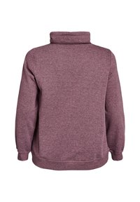 Burgunderfarbener Fleece-Pullover mit hohem Kragen, langen Ärmeln und lässiger Passform. Der Stoff hat eine weiche Textur und ein leicht meliertes Erscheinungsbild.