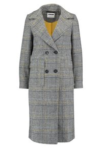 Grå rutiga kappa med gula accenter, dubbelknäppt fram, snedskuren krage och sidofickor. Långa ärmar och knälång design.