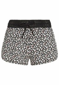 Svarta blommiga shorts med ett mönster som har små vita, rosa och blå blommor. Elastiskt midjeband med svarta dragsnör.