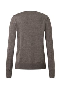 Maglione marrone a maniche lunghe realizzato in materiale morbido. Presenta un collo rotondo e un orlo a costine. Colore solido semplice, senza motivi.