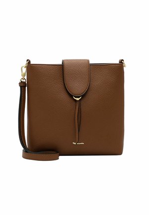 Borsa a tracolla in pelle marrone con trama, chiusura a patta, tracolla sottile e piccolo dettaglio logo dorato sul davanti.