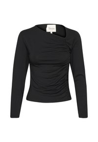 Zwart langslievend shirt met een geraffineerde structuur aan de voorkant, asymmetrische halslijn en een aansluitende snit. Gemaakt van zachte, rekbare stof.