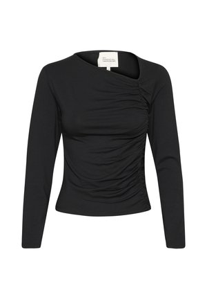 Bluză neagră cu mâneci lungi, care prezintă o textură plisată în față, un decolteu asimetric și o siluetă ajustată. Fabricată dintr-un material moale și elastic.