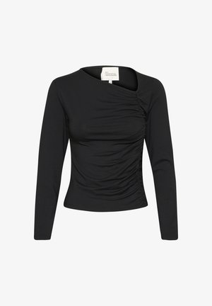 Črn dolg rokav vrh ima guban teksturo na spRednji strani, asimetrično izrez in prilegajoč silhueto. Narejen je iz mehkega, raztegljivega materiala.