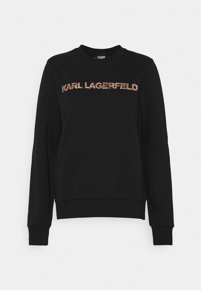 Sudadera negra en mezcla de algodón, con "KARL LAGERFELD" en letras brillantes de color rosa dorado en el pecho; cuello redondo y puños de canalé.