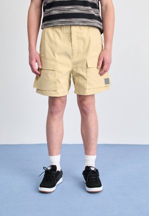 Mann trägt beige Cargo-Shorts, weiße Socken, schwarze Turnschuhe und ein schwarz gestreiftes Hemd, steht auf einem blauen Boden mit weißem Hintergrund.