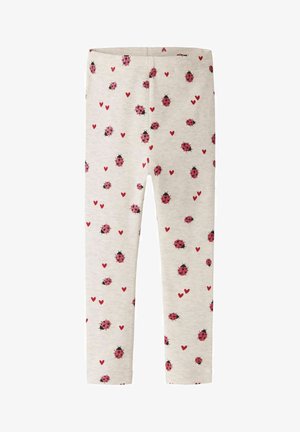 Children's beige leggings with scattered pink ladybug and red heart prints, featuring an elastic waistband and full-length legs.