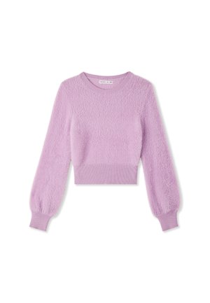 Maglione corto viola in tessuto texturizzato e peloso. Presenta un collo rotondo e maniche lunghe a palloncino con polsini a coste.