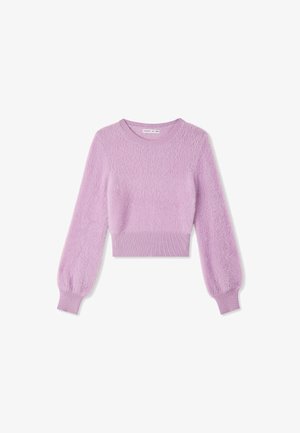 Maglione corto viola in tessuto texturizzato e peloso. Presenta un collo rotondo e maniche lunghe a palloncino con polsini a coste.