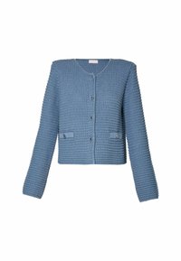 Cardigan blu lavorato a maglia con una texture a nido d'ape, collo rotondo, chiusura con bottoni e due tasche frontali. Presenta maniche lunghe e un design corto.
