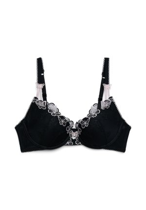 Reggiseno nero con ferretto, dettagli ricamati di farfalle rosa e bianche lungo le coppe e le spalline, e bordi smerlati.