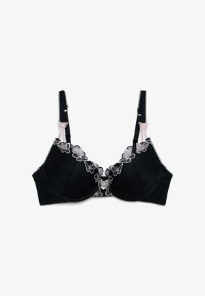 Reggiseno nero con ferretto, dettagli ricamati di farfalle rosa e bianche lungo le coppe e le spalline, e bordi smerlati.