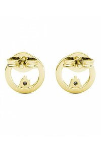 Orecchini in oro con un design circolare e una pietra centrale. La struttura presenta una finitura lucida e una chiusura a cerniera sicura.