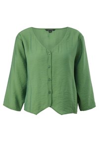 Blouse verte à manches longues avec un décolleté en V et une finition légèrement texturée. Le design présente un ourlet arrondi et des boutons assortis.