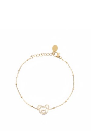 Delicato braccialetto con catena d'oro con piccole perle e un ciondolo a forma di orso impreziosito da cristalli trasparenti, chiuso con una chiusura a moschettone.