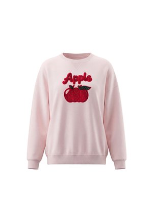 Lyserød sweatshirt med lange ærmer med rød og grøn paliet-appelsindesign og ordet "Apple" broderet over frugten.