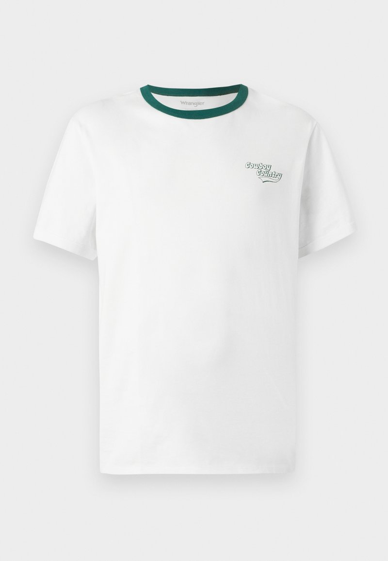 Biała bawełniana koszulka z okrągłym zielonym kołnierzykiem, z małym haftowanym logo "Cowboy Country" w zielonym kolorze po lewej stronie na piersi.