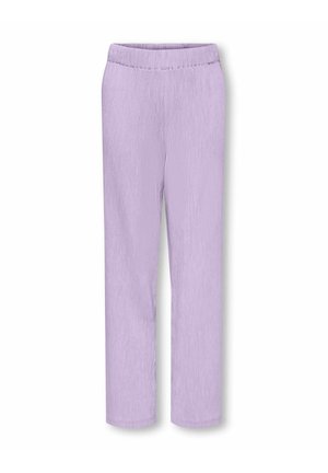 Lilla bukser med lige ben, elastisk talje, tekstureret stof og uden synlige lommer eller ekstra detaljer.