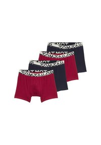 Ensemble de quatre boxers en bleu marine et bordeaux. Fabriqués en tissu doux, avec des ceintures élastiques ornées du logo "TOM TAILOR" dans des couleurs contrastées.