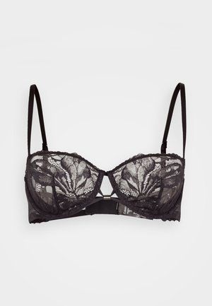 Schwarzer Spitzen-BH mit Unterstüztung, gepolsterten Cups und verstellbaren Schulterträgern. Verfügt über ein florales Spitzenmuster und einen dekorativen Mittelverschluss.