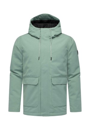 Mintgrüne Kapuzenjacke mit Reißverschluss und Druckknopfverschluss, ausgestattet mit zwei Fronttaschen und Zugbändern. Weicher Stoff mit strukturierter Oberfläche.