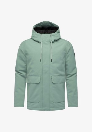 Mintgrüne Kapuzenjacke mit Reißverschluss und Druckknopfverschluss, ausgestattet mit zwei Fronttaschen und Zugbändern. Weicher Stoff mit strukturierter Oberfläche.