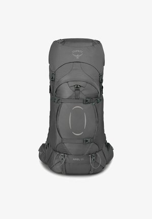 Grijze Osprey Ariel 65 rugzak met een gewatteerde rug, verstelbare schouderbanden, meerdere gespen en een groot hoofdvak. Glad textielmateriaal.
