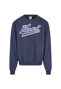 Sudadera azul marino con un logotipo en cursiva en blanco y rojo "Kani" en la parte frontal. Puños y dobladillo acanalados, fabricada en un tejido suave.