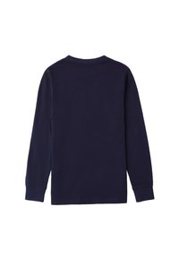 Marineblaues Langarm-T-Shirt aus Baumwolle mit Rundhalsausschnitt, lockerer Passform und gerippten Bündchen. Sauberer Rücken ohne Grafiken oder Muster.