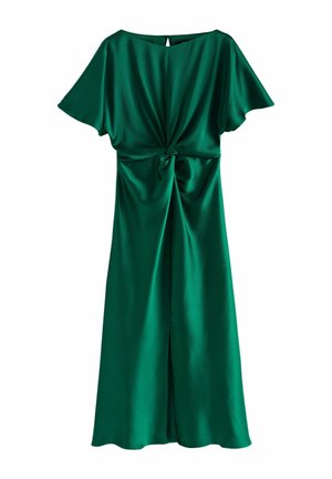 Robe midi en satin verte avec manches courtes volantées, détail nœud torsadé à la taille et fermeture au dos avec bouton œillet.