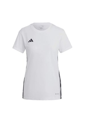 Short-sleeve white athletic t-shirt with black side stripes and Adidas logo on the upper left. Made from breathable fabric with a smooth texture.