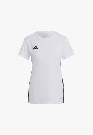 Kurzeilige weiße Sport-T-Shirt mit schwarzen Seitestreifen und dem Adidas-Logo auf der oberen linken Seite. Hergestellt aus atmungsaktivem Stoff mit einer glatten Textur.