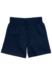 Bermuda in cotone blu navy con vita elasticizzata, caratterizzate da una texture morbida, una vestibilità ampia e orli rifiniti per uno stile casual.