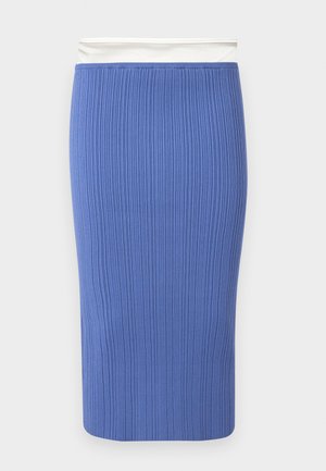 Mėlyna dryžuota megzta pieštuko formos sijonas su liekninančia silueto linija ir elastine juosmens juosta, pateikta ant balto fono.