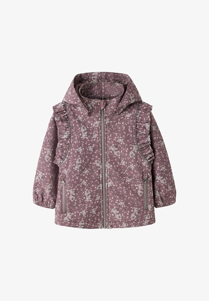 Veste à motif floral en mauve avec des accents froncés aux épaules, fermeture éclair intégrale et poignets élastiques ; comprend deux poches latérales.