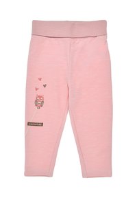 Pink leggings with elastic waistband, featuring owl embroidery and heart patterns. Made from soft material, designed for comfort.