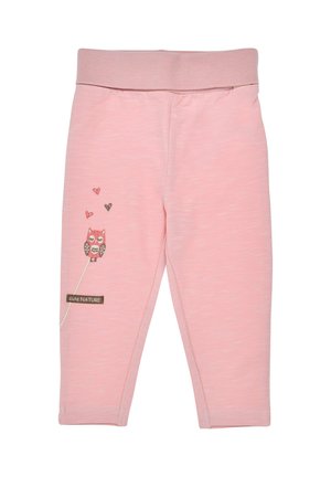 Rosa Leggings mit elastischem Bund, versehen mit Eulen-Stickerei und Herzmustern. Hergestellt aus weichem Material, entworfen für Komfort.