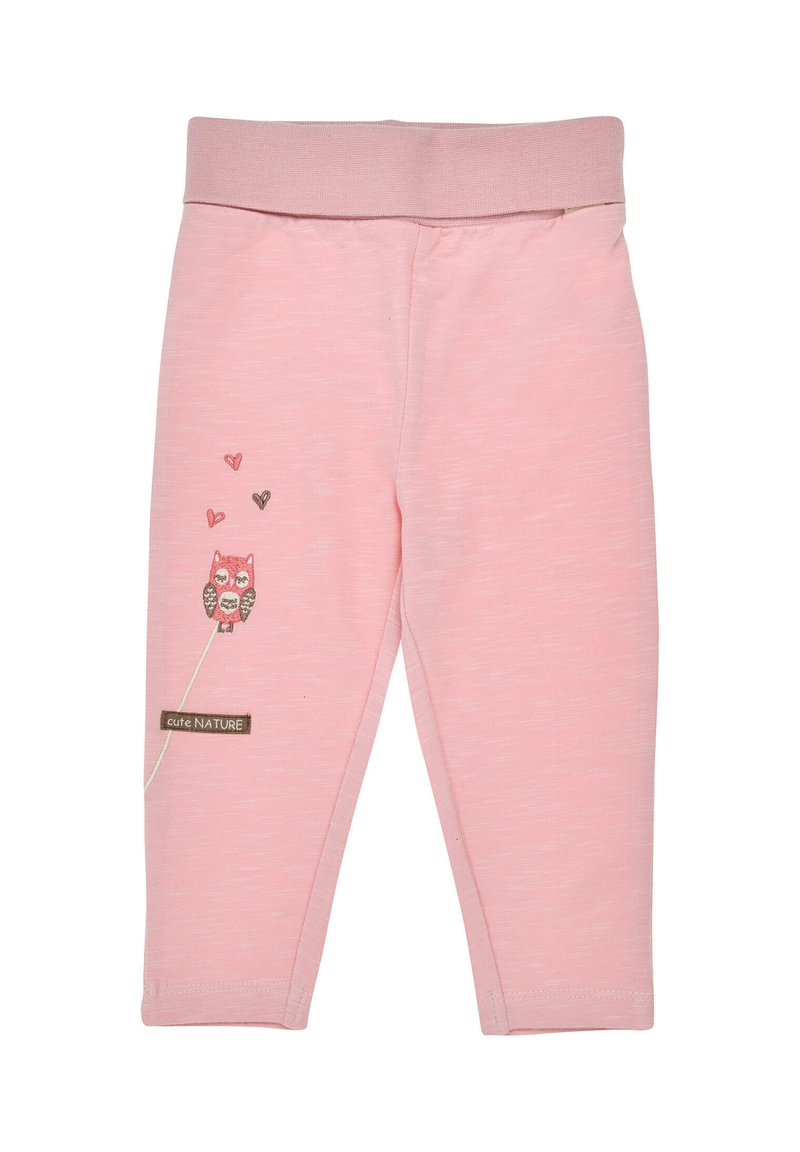 Pink leggings with elastic waistband, featuring owl embroidery and heart patterns. Made from soft material, designed for comfort.