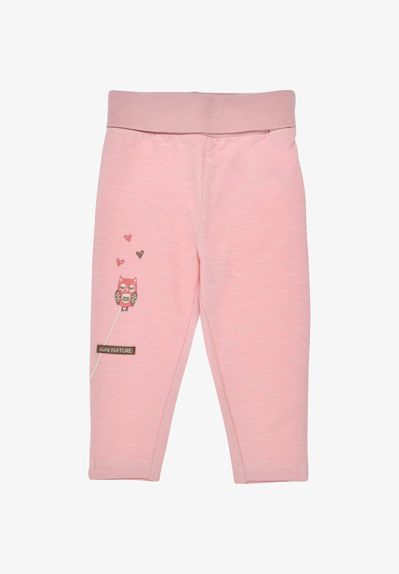 Rosa Leggings mit elastischem Bund, versehen mit Eulen-Stickerei und Herzmustern. Hergestellt aus weichem Material, entworfen für Komfort.