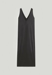 Sort ærmeløs kjole med V-halsdesign, lige snit, glat tekstur og ankellængde, lavet af letvægtsstof.