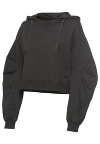 Korte zwarte hoodie van een katoenmix, met een capuchon, lange pofmouwen, geribde manchetten, en een klein logo op de zoom.