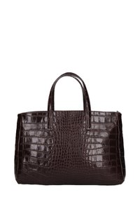 Borsa a tracolla in pelle martellata di colore marrone scuro, con due manici robusti, forma rettangolare e superficie testurizzata. Chiusura con zip nella parte superiore.