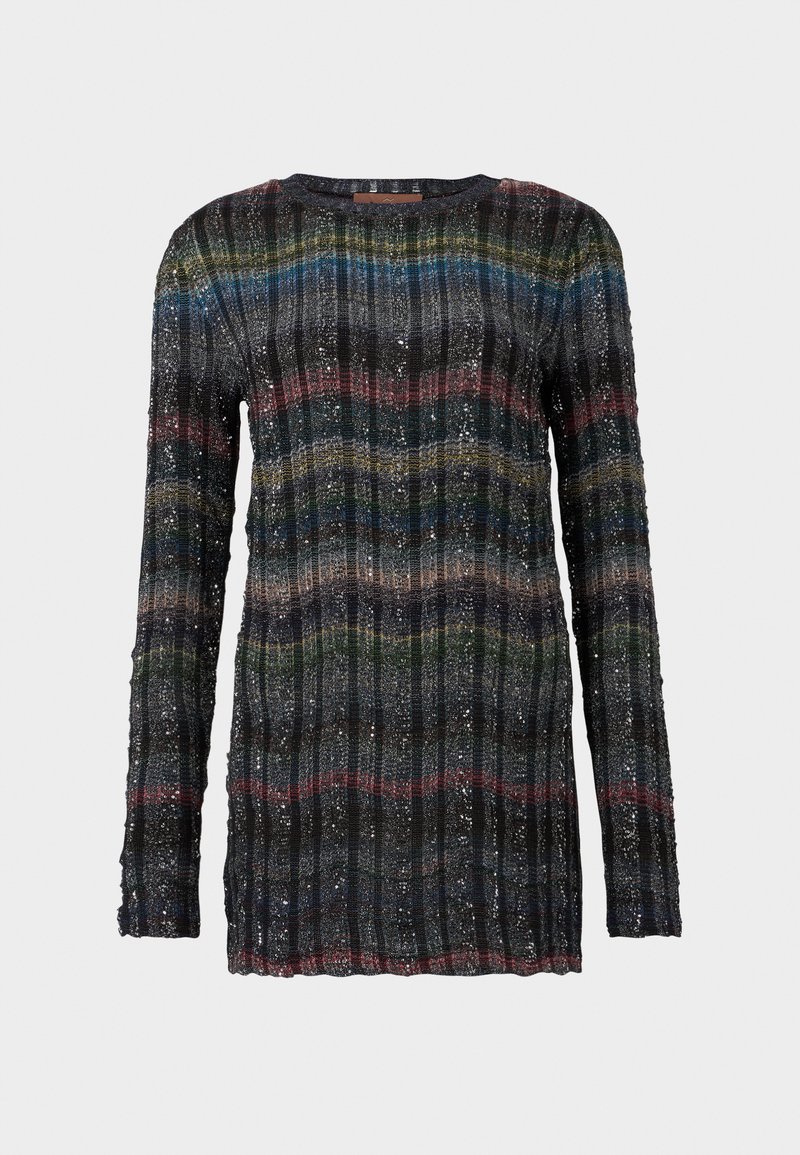 Langærmet sweater i ribbet tekstur med multicolore striber (sort, blå, grøn, rød) og subtile glimmerdetaljer samt en rund halsudskæring.