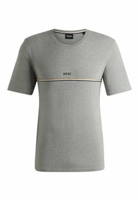 Gray short-sleeve t-shirt made of cotton, featuring a round neck, "BOSS" logo, and a horizontal striped accent in black and gold.