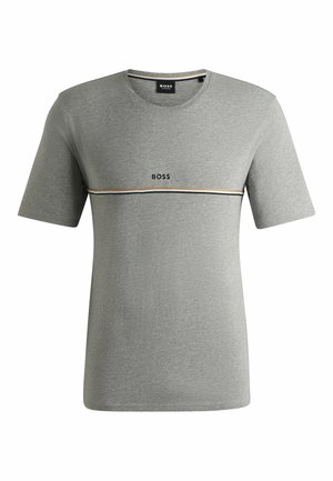 Grau kurzärmliges T-Shirt aus Baumwolle, mit Rundhalsausschnitt, "BOSS"-Logo und einem horizontalen Streifenakzent in Schwarz und Gold.
