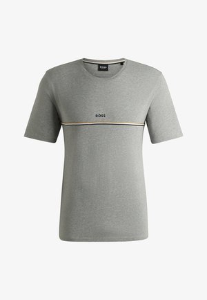 Grau kurzärmliges T-Shirt aus Baumwolle, mit Rundhalsausschnitt, "BOSS"-Logo und einem horizontalen Streifenakzent in Schwarz und Gold.