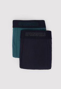 Två par herrboxershorts i teal och marinblått, med mjuka elastiska midjeband och "SPRINGFIELD"-logotyp i sydda bokstäver.