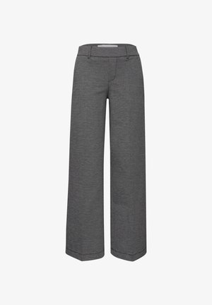 Pantalones de pierna ancha en un patrón de jaquard, color gris. Presentan una cinturilla estructurada y un diseño frontal plano con presillas para cinturón.